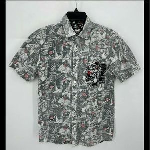 Superman Shirt Mens Large Faded Allover Print Short Sleeve Button Up